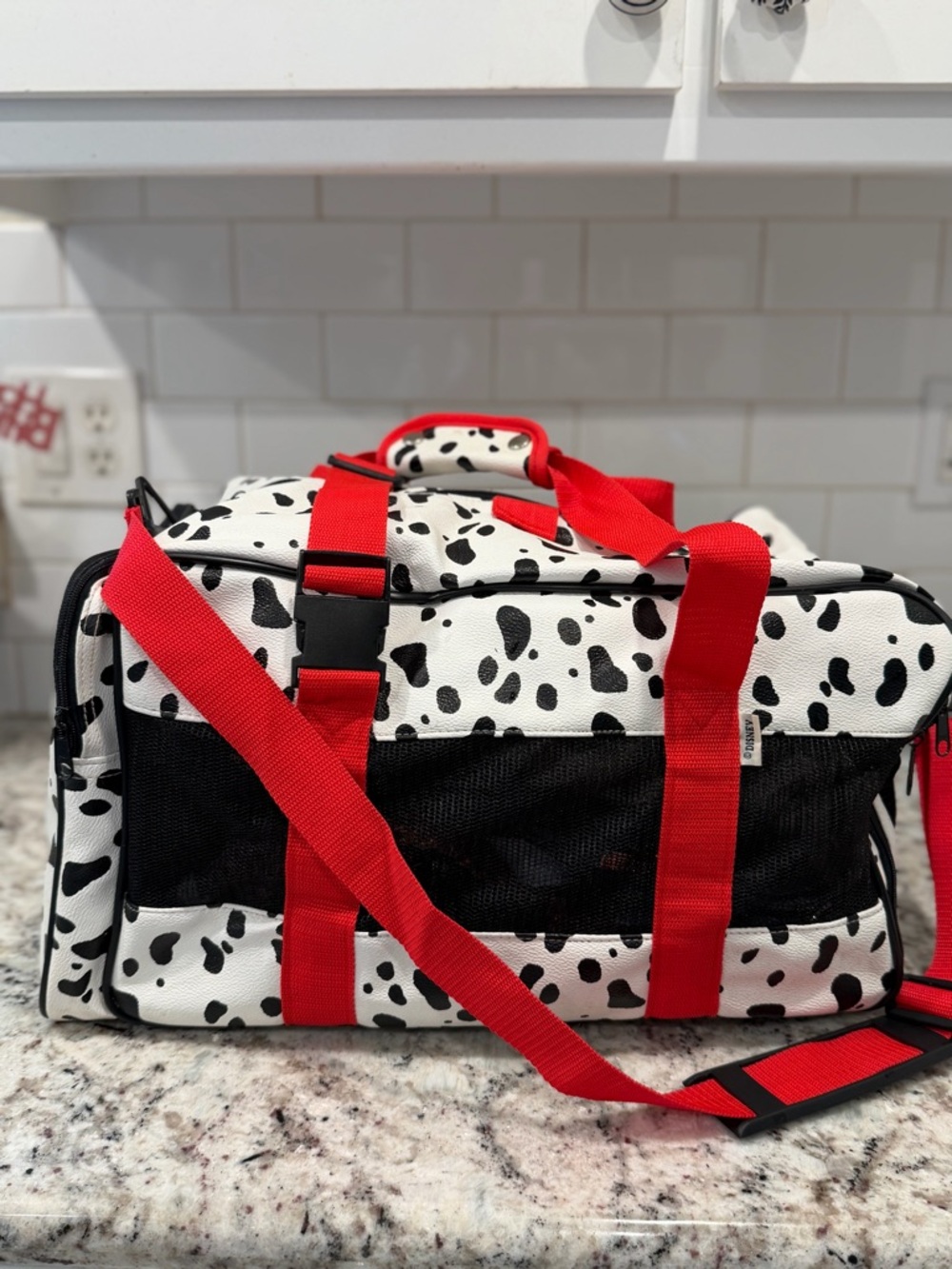 Dalmatian Print Travel Duffel pet carrier with Red Straps